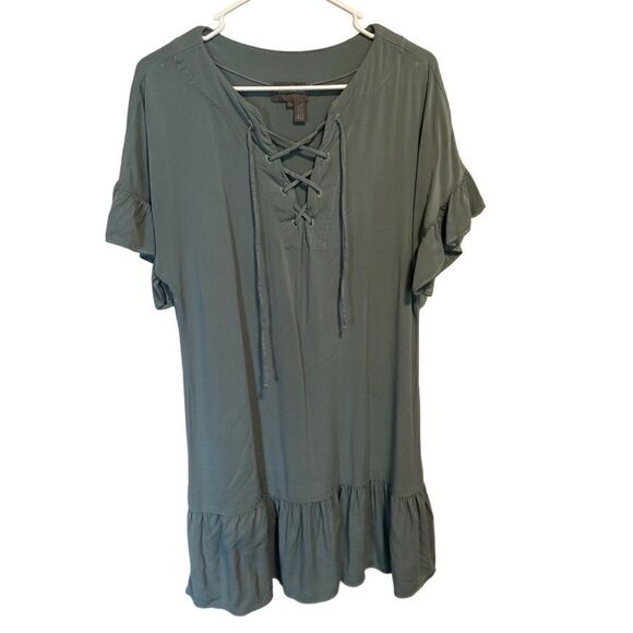 MICHAEL STARS ANTHROPOLOGIE- Ruffled Hem Dress Sea Foam Lace Up Shift, Size Lg - Picture 11 of 12